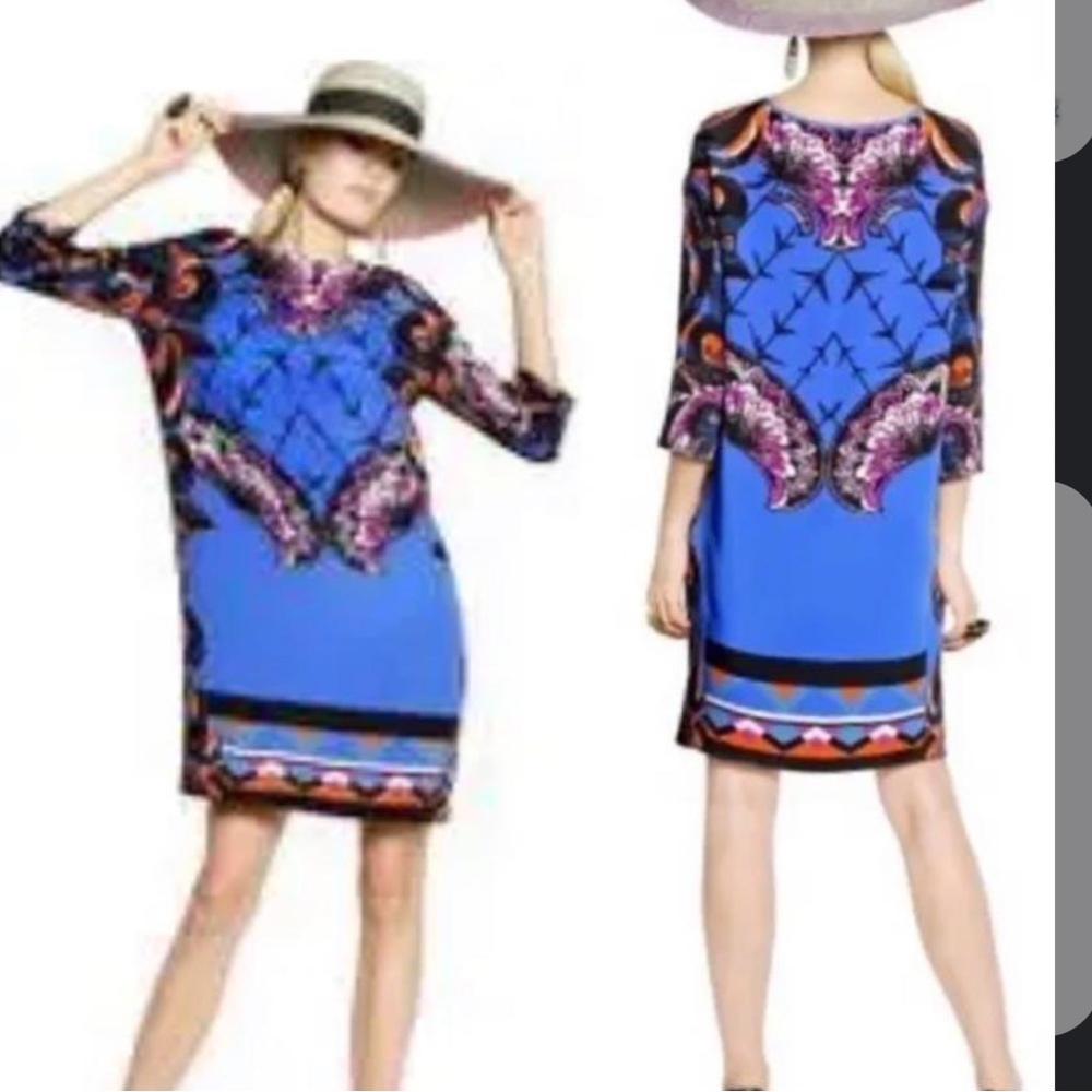 Etro multi color abstract print silk scoop neck knee length dress 42